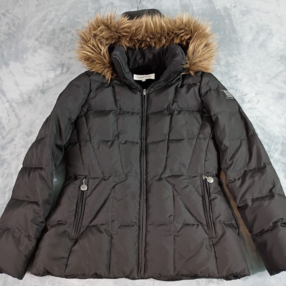 Calvin Klein Womens Black Puffer Jacket Faux Fur Trim Hooded Quilted Coat Small